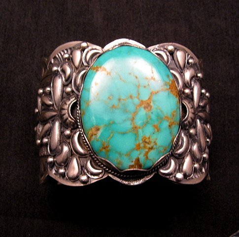 Image 0 of A++ Wide Navajo Native American Turquoise Sterling Silver Bracelet, Gilbert Tom