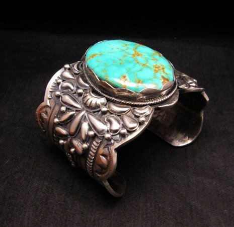 Image 1 of A++ Wide Navajo Native American Turquoise Sterling Silver Bracelet, Gilbert Tom
