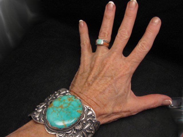Image 4 of A++ Wide Navajo Native American Turquoise Sterling Silver Bracelet, Gilbert Tom