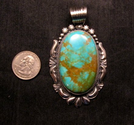 Image 1 of Large Navajo Native American Kingman Turquoise Silver Pendant, Gilbert Tom