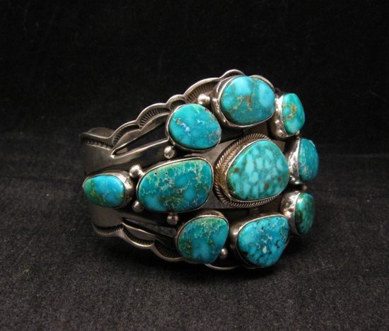 Image 1 of Navajo Aaron Toadlena Turquoise Cluster Silver Bracelet Native American