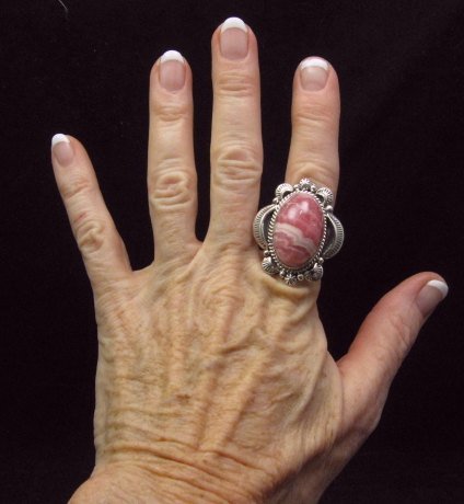 Image 3 of Native American Rhodochrosite Sterling Ring Sz8, Navajo Gilbert Tom