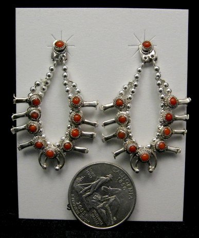 Image 1 of Mini Coral Sterling Silver Squash Blossom Earrings, Navajo, Larry Curley