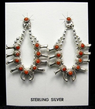 Image 0 of Mini Coral Sterling Silver Squash Blossom Earrings, Navajo, Larry Curley