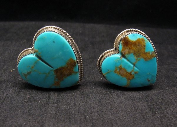 Image 1 of Native American Turquoise Silver Heart Earrings, Clip-on, Rosella Sandoval