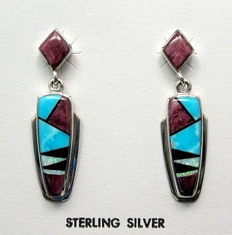 Image 0 of Navajo, Julius Burbank, Sterling Silver Multi Gem Inlay Earrings