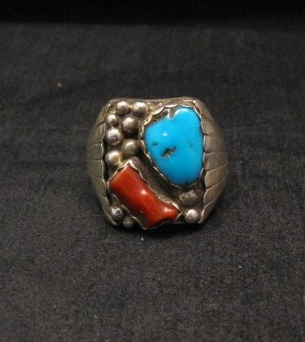 Image 0 of Navajo Native American Turquoise & Coral Sterling Silver Mens Ring sz13-1/2