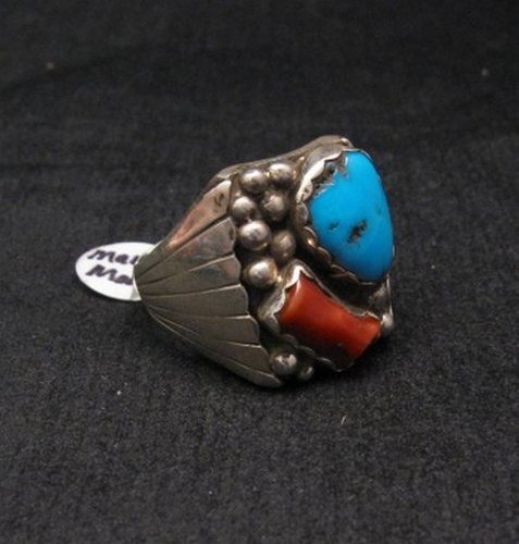 Image 1 of Navajo Native American Turquoise & Coral Sterling Silver Mens Ring sz13-1/2