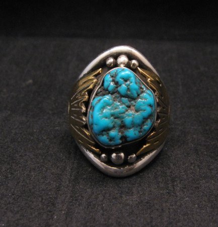 Image 0 of Big Navajo Indian Native American Turquoise Silver Brass Ring sz12