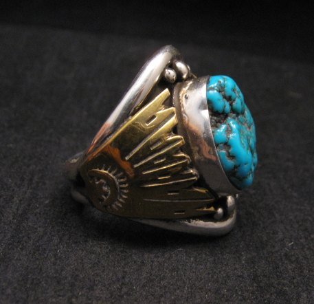 Image 1 of Big Navajo Indian Native American Turquoise Silver Brass Ring sz12