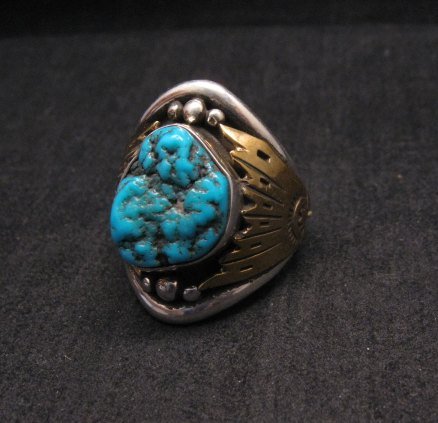 Image 2 of Big Navajo Indian Native American Turquoise Silver Brass Ring sz12