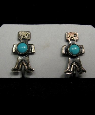 Image 3 of Vintage Turquoise Silver Kachina Yei Earrings Screw-backs