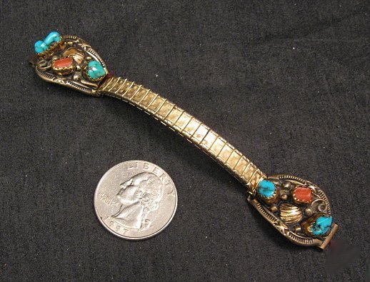 Image 0 of Navajo Turquoise Coral Sterling 12KGF Watch Band TAWA by KT Speidel band -Womans