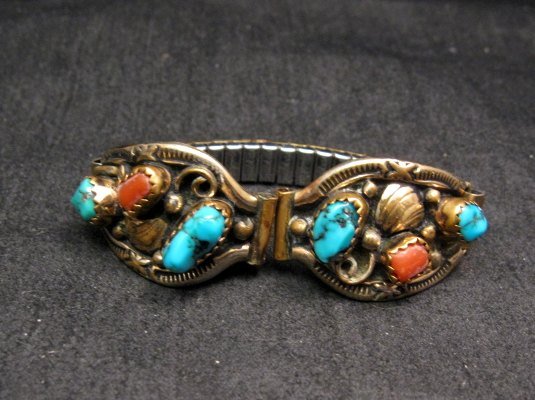 Image 1 of Navajo Turquoise Coral Sterling 12KGF Watch Band TAWA by KT Speidel band -Womans