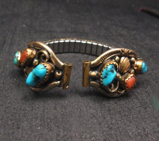 Image 2 of Navajo Turquoise Coral Sterling 12KGF Watch Band TAWA by KT Speidel band -Womans