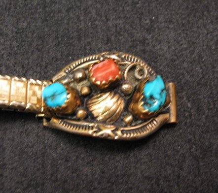 Image 3 of Navajo Turquoise Coral Sterling 12KGF Watch Band TAWA by KT Speidel band -Womans