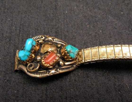 Image 4 of Navajo Turquoise Coral Sterling 12KGF Watch Band TAWA by KT Speidel band -Womans