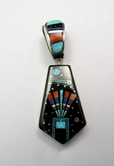 Image 1 of Reversible 2-sided Navajo Inlaid Night Sky Pueblo Monument Valley Pendant 
