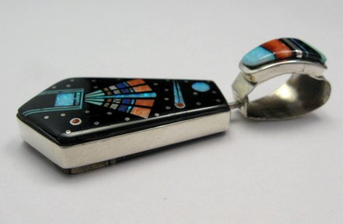 Image 2 of Reversible 2-sided Navajo Inlaid Night Sky Pueblo Monument Valley Pendant 