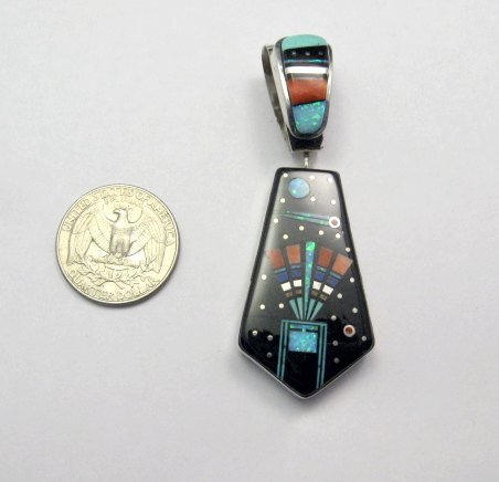Image 3 of Reversible 2-sided Navajo Inlaid Night Sky Pueblo Monument Valley Pendant 