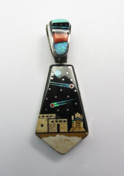 Image 4 of Reversible 2-sided Navajo Inlaid Night Sky Pueblo Monument Valley Pendant 