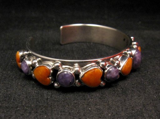 Image 1 of Colorful Navajo Spiny Oyster Hearts Sterling Silver Bracelet Happy Piasso