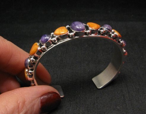Image 2 of Colorful Navajo Spiny Oyster Hearts Sterling Silver Bracelet Happy Piasso