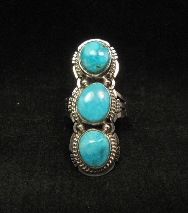 Image 0 of Native American Navajo 3-stone Turquoise Silver Ring, Sampson Jake, sz 6-3/4