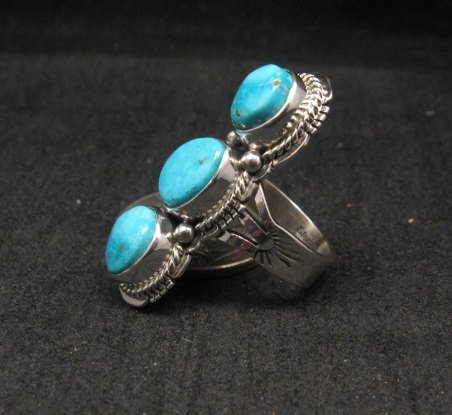 Image 1 of Native American Navajo 3-stone Turquoise Silver Ring, Sampson Jake, sz 6-3/4