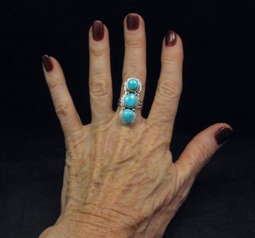 Image 2 of Native American Navajo 3-stone Turquoise Silver Ring, Sampson Jake, sz 6-3/4
