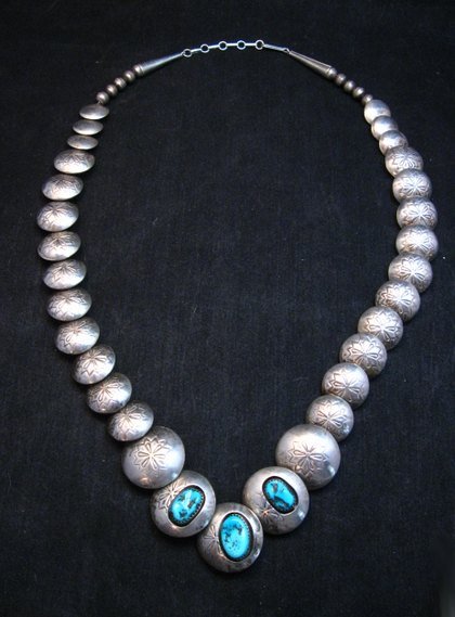 Image 0 of Vintage Navajo Native American Hollow Silver Disk Bead & Turquoise Necklace