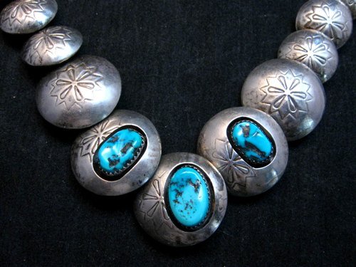 Image 1 of Vintage Navajo Native American Hollow Silver Disk Bead & Turquoise Necklace