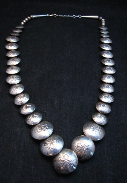 Image 6 of Vintage Navajo Native American Hollow Silver Disk Bead & Turquoise Necklace