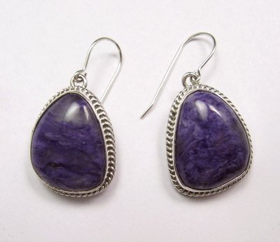 Native American Navajo Purple Charoite Sterling Silver Dangle Earrings