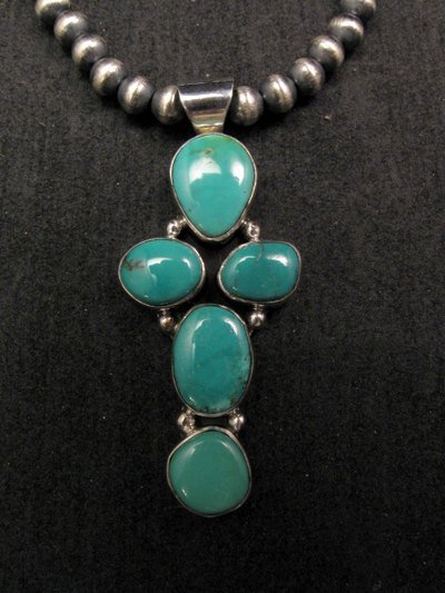 Image 1 of Native American Candelaria Turquoise Cross Pendant & Navajo Silver Bead Necklace