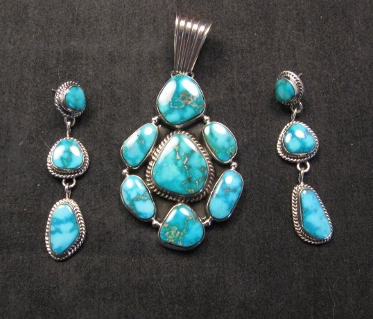 Image 2 of Native American Navajo Turquoise Cluster Pendant & Earrings Set, Geneva Apachito