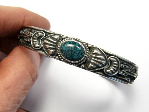 Image 0 of Narrow Navajo Blue Diamond Turquoise Silver Bracelet, Tsosie White