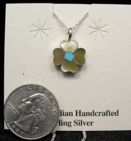 Image 1 of Zuni American Indian Inlay Desert Rose Silver Pendant Necklace