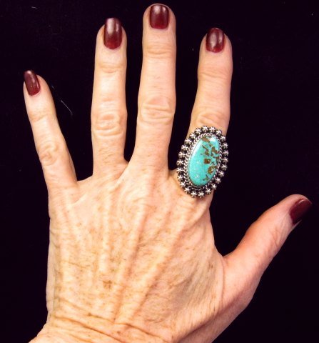 Image 3 of Native American Navajo Pilot Mountain Turquoise Ring Sz7-1/2, Happy Piasso