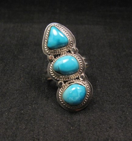 Image 0 of Native American Navajo 3-stone Cloud 9 Turquoise Silver Ring, sz 8