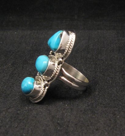 Image 1 of Native American Navajo 3-stone Cloud 9 Turquoise Silver Ring, sz 8