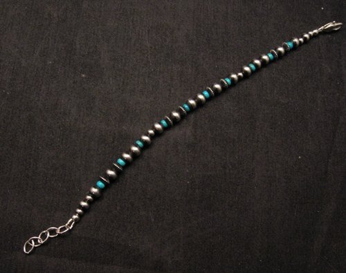 Image 2 of Navajo Hand Finished Sterling Silver & Turquoise Bead Bracelet 7-1/2 to 8-1/2