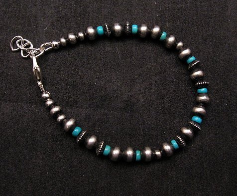 Image 3 of Navajo Hand Finished Sterling Silver & Turquoise Bead Bracelet 7-1/2 to 8-1/2