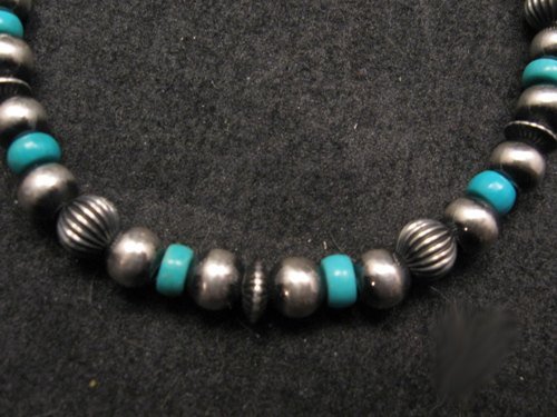 Image 1 of Navajo Hand Finished Sterling Silver & Turquoise Bead Bracelet 7-8 inch long