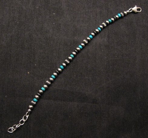 Image 2 of Navajo Hand Finished Sterling Silver & Turquoise Bead Bracelet 7-8 inch long
