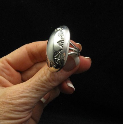 Image 2 of Large Navajo Sterling Silver Stamped Beetle Ring sz8, Orville Tsinnie