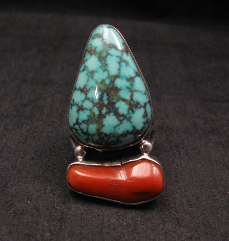 Image 0 of Marvin Redhouse Navajo Pilot Mountain Turquoise Coral Silver Ring sz7