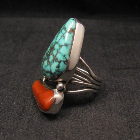 Image 1 of Marvin Redhouse Navajo Pilot Mountain Turquoise Coral Silver Ring sz7