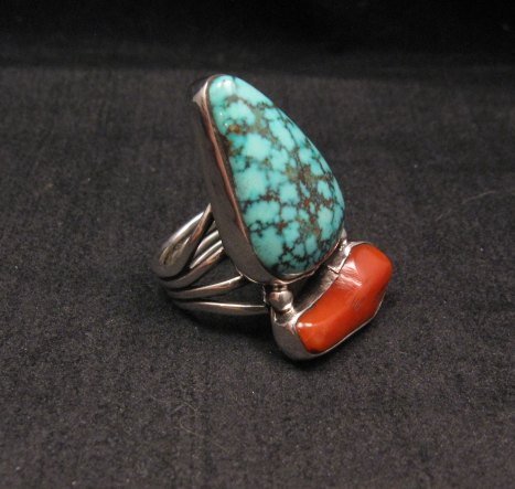 Image 2 of Marvin Redhouse Navajo Pilot Mountain Turquoise Coral Silver Ring sz7