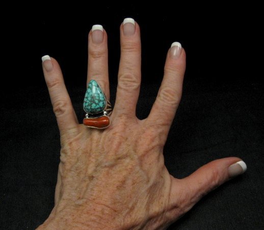 Image 3 of Marvin Redhouse Navajo Pilot Mountain Turquoise Coral Silver Ring sz7